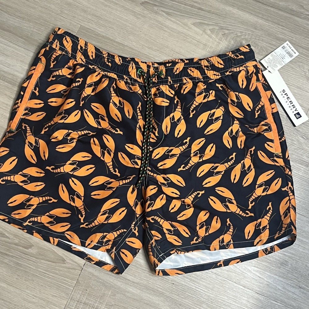 Sperry Men's Swim Trunks Navy Orange Lobster-Pockets-Stripes Large 5"‎ Inseam